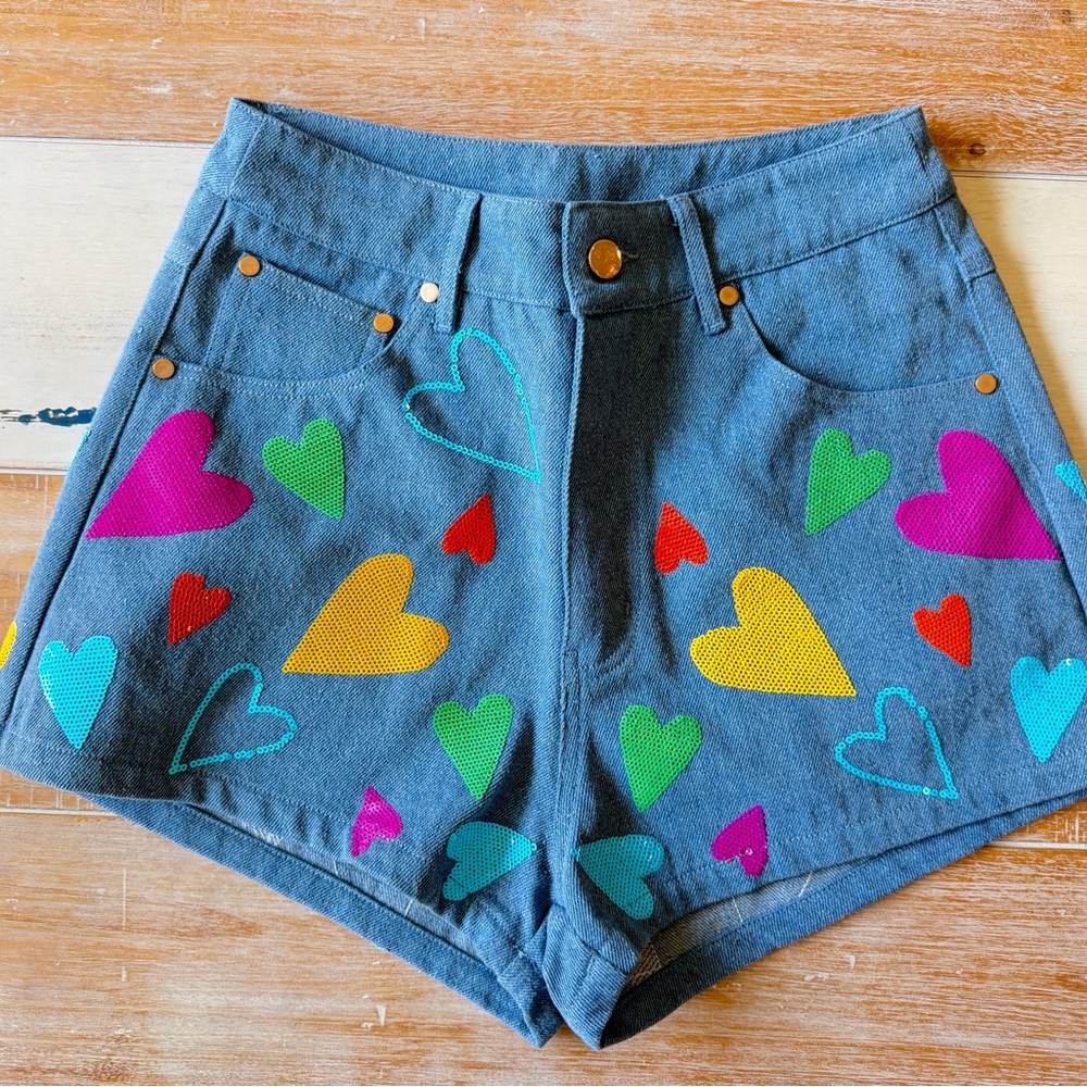 QUEEN OF SPARKLES High Waist Denim Shorts with Multicolor Heart Prints